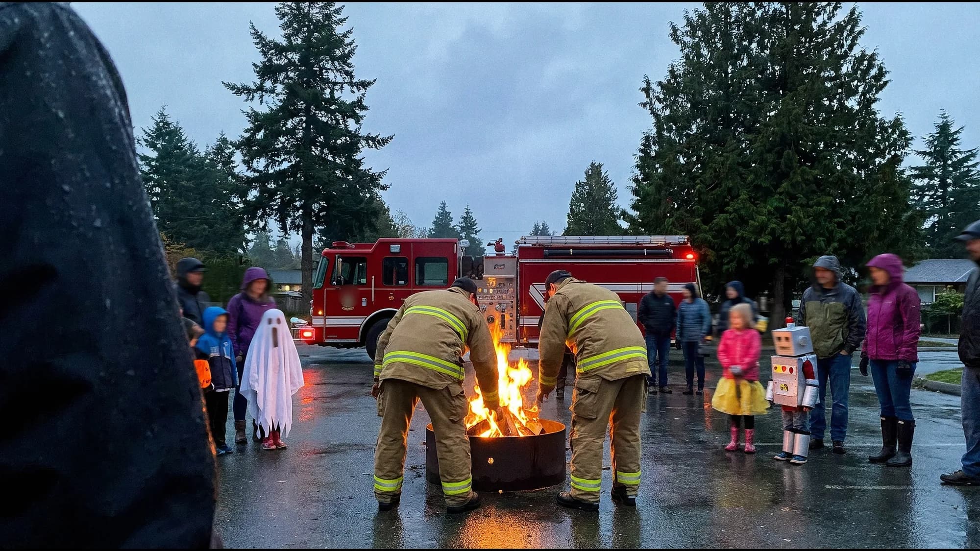 Firefighters tend a bonfire at dusk as kids in Halloween costumes watch