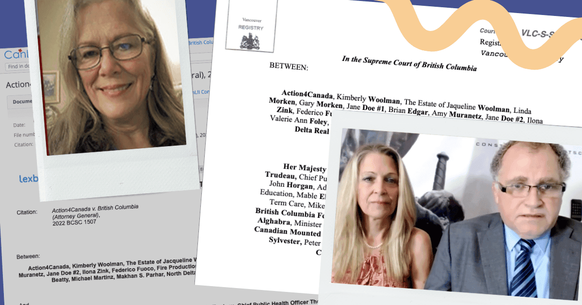 Archive photograph: Linda Morken, top left, was part of an Action4Canada lawsuit alleging infringement of Charter rights by COVID response measures. (Bottom right Action4Canada founder Tanya Gaw and lawyer Rocco Galati.) (Illustration: Zoë Ducklow)