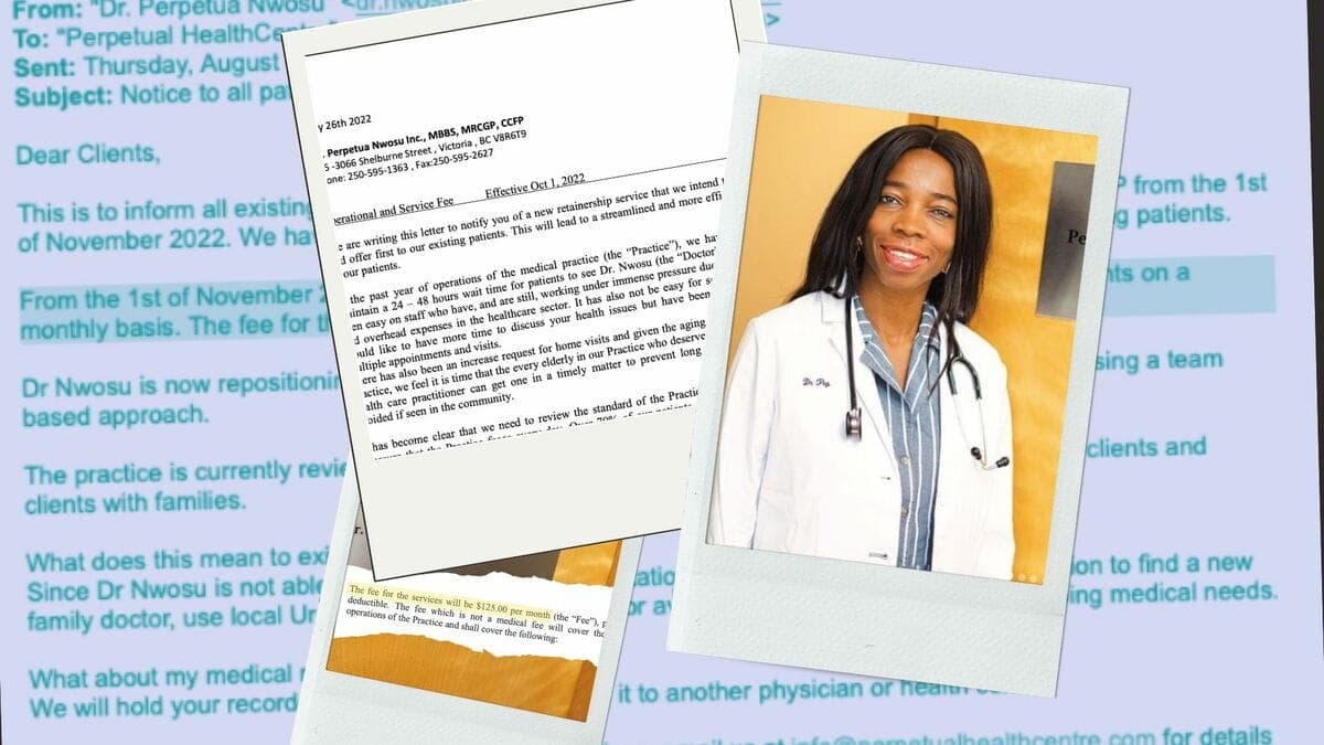 Archive photograph: Dr. Perpetua Nwosu announced a plan to charge $125 a month, withdrew the plan, and then told patients she's leaving MSP. (Photo: Supplied. Illustration: Zoë Ducklow/The Westshore)